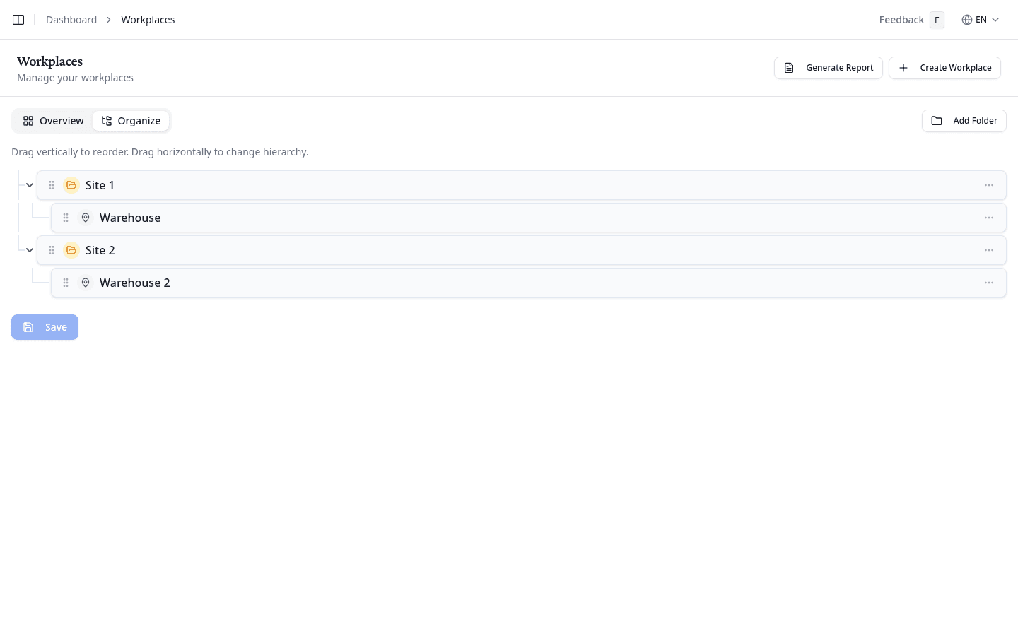 Organize tab showing the drag-and-drop tree with folders and workplaces