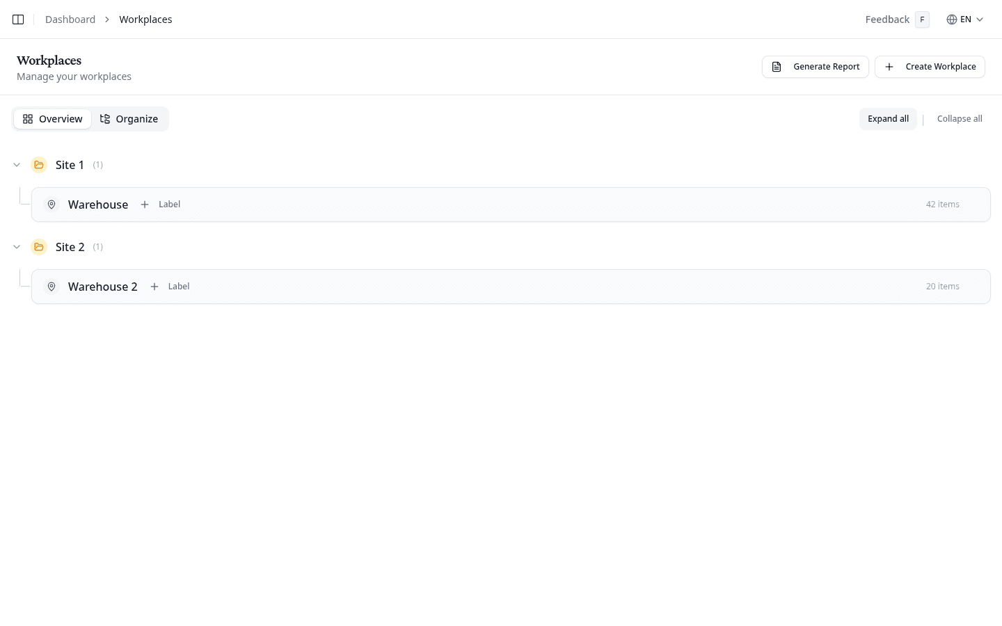 Workplaces page showing the Overview tab with folders and a workplace