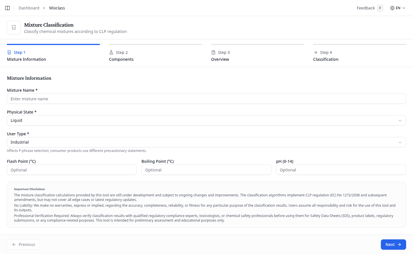 Mixture Classification wizard: Step 1