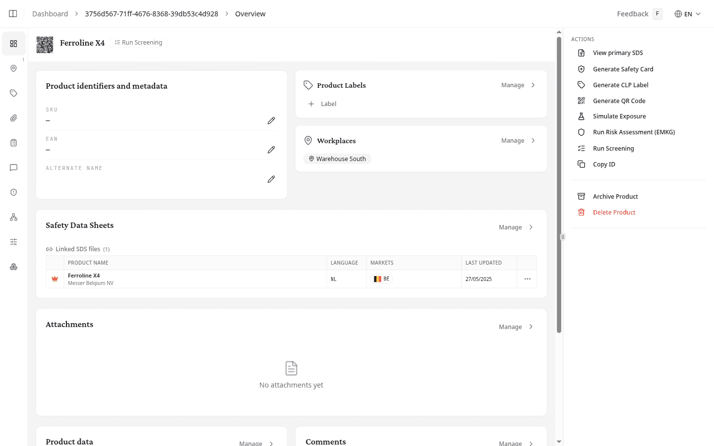 Product overview tab showing identity fields, labels, workplaces, and linked SDS files