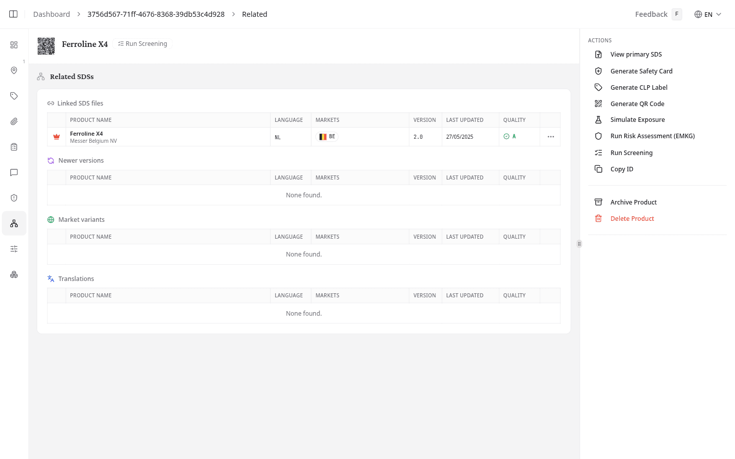 Related tab showing the linked SDS files table and empty newer versions, market variants, and translations sections