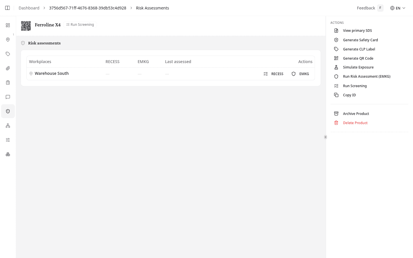 Risk assessments tab listing a workplace with its RECESS and EMKG action buttons