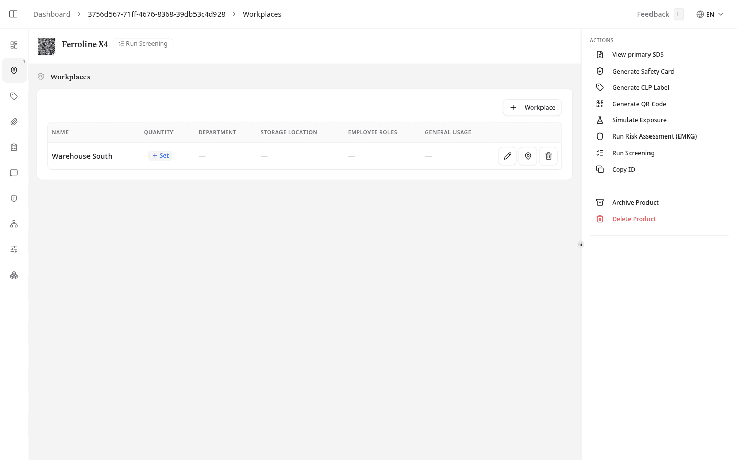 Workplaces tab showing assigned workplaces with quantity, department, and storage location fields