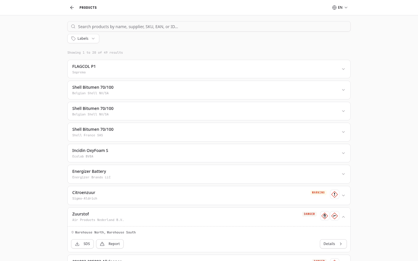 Products tab with the search field, the Labels filter, and an expanded product card