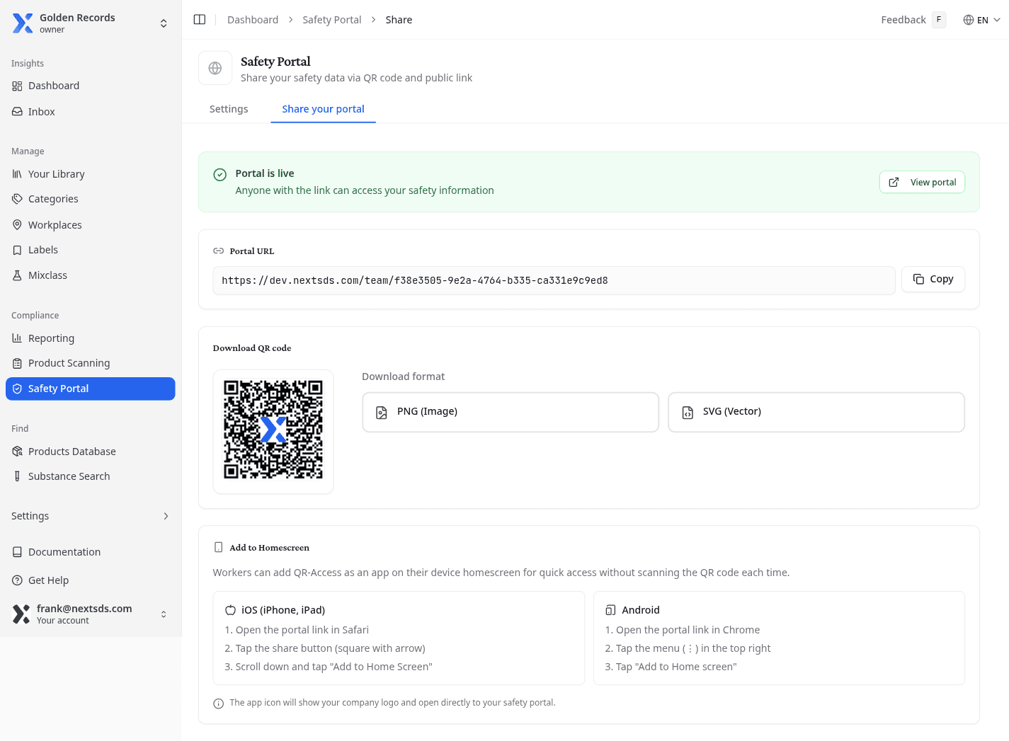 Share your portal tab showing portal URL, QR code download, and Add to Homescreen instructions
