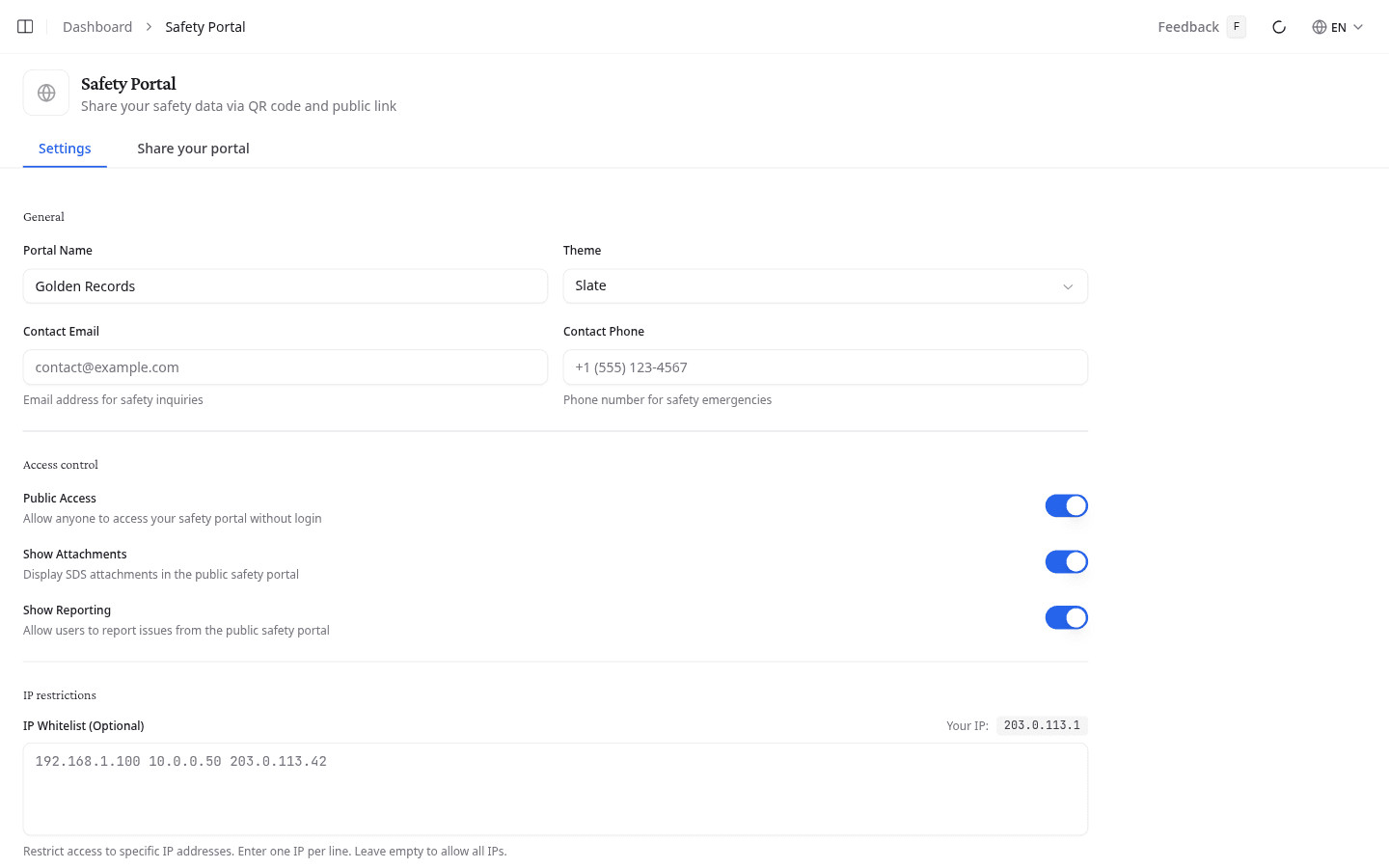 Safety portal settings page