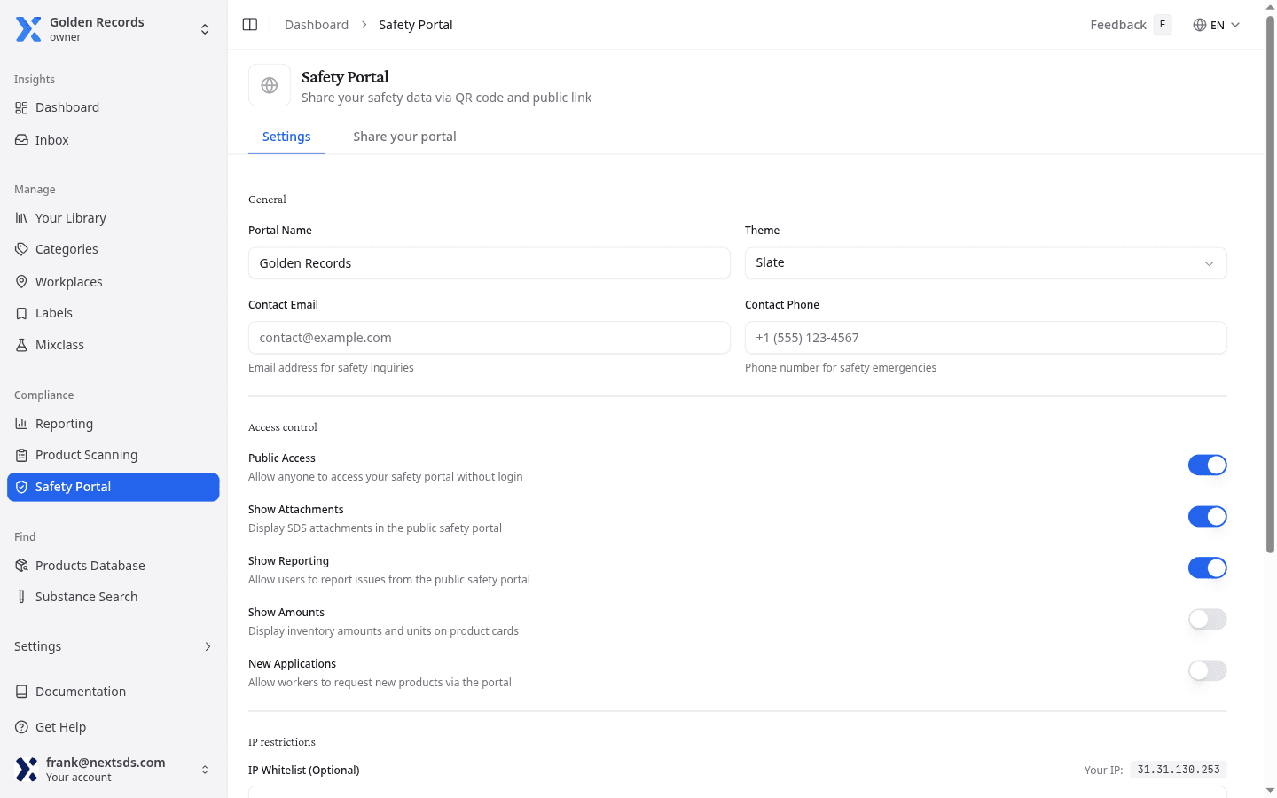 Safety portal settings page