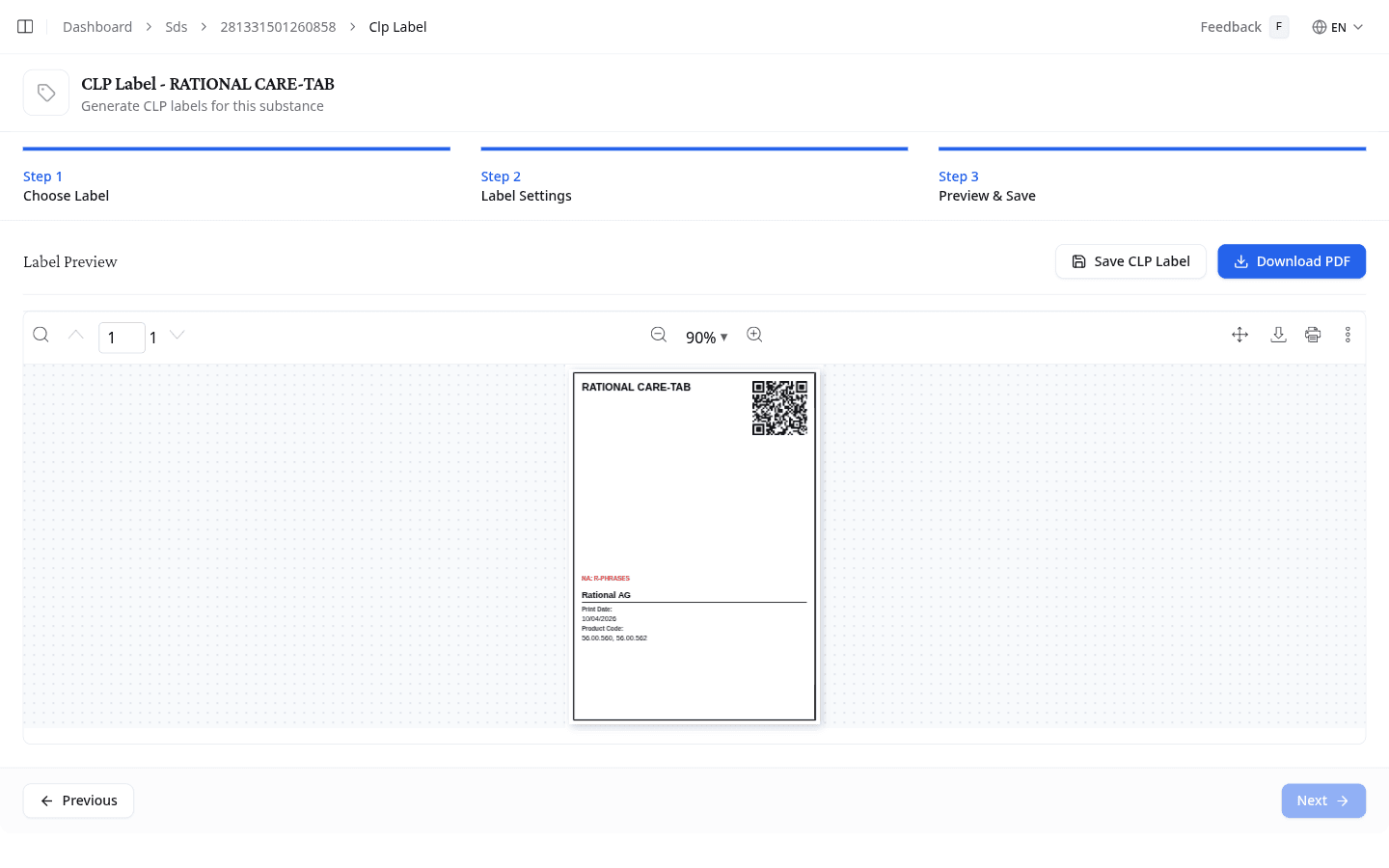 CLP Label preview with Save and Download buttons