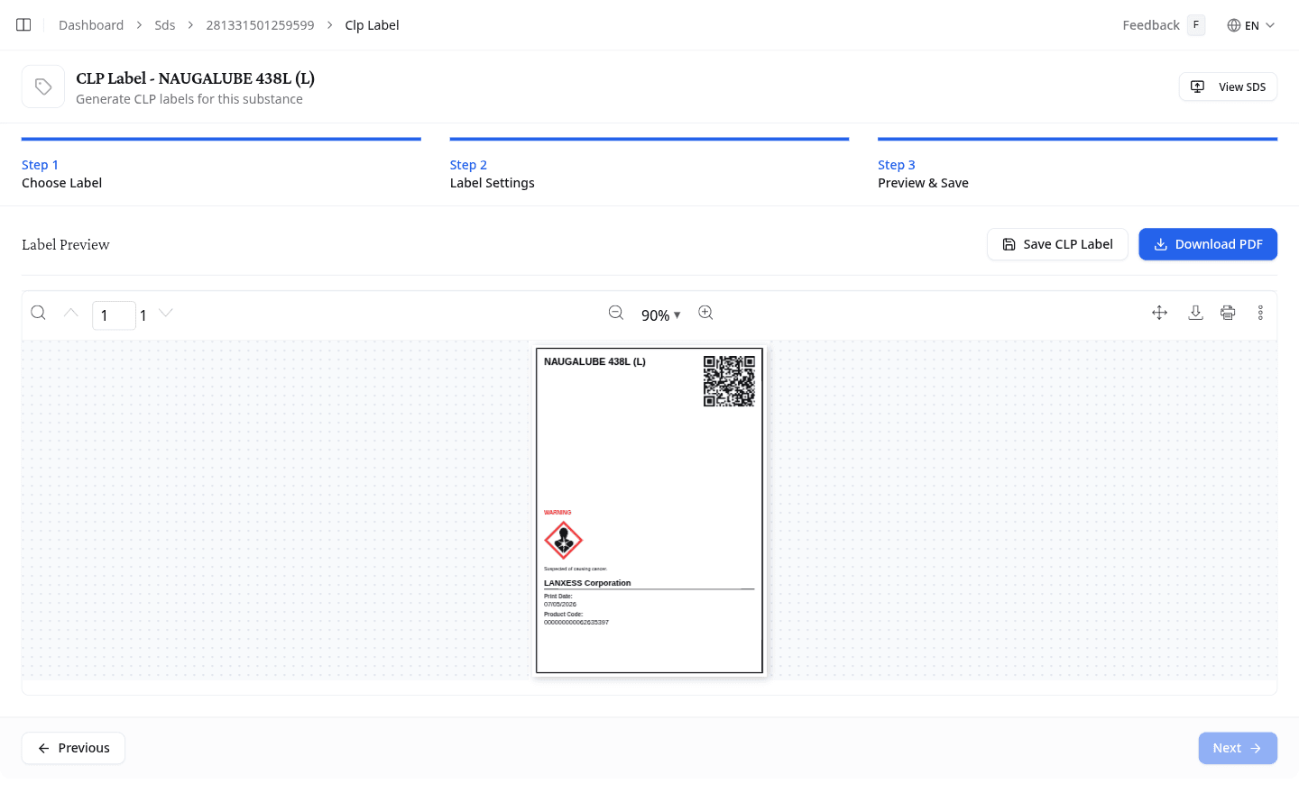 CLP Label preview with Save and Download buttons