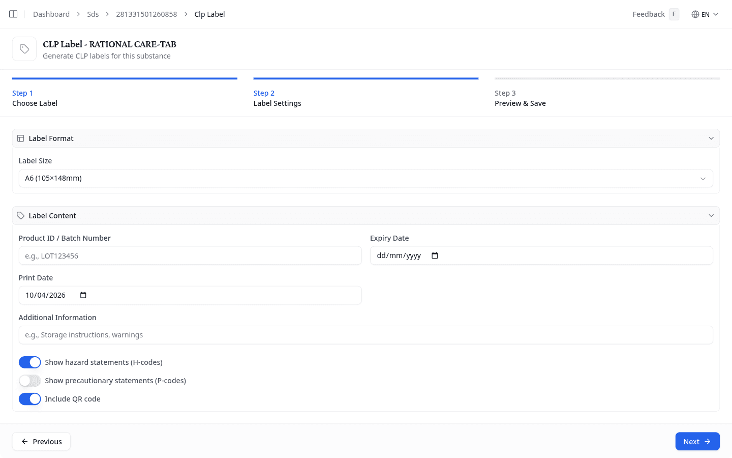 CLP Label settings with format and content options