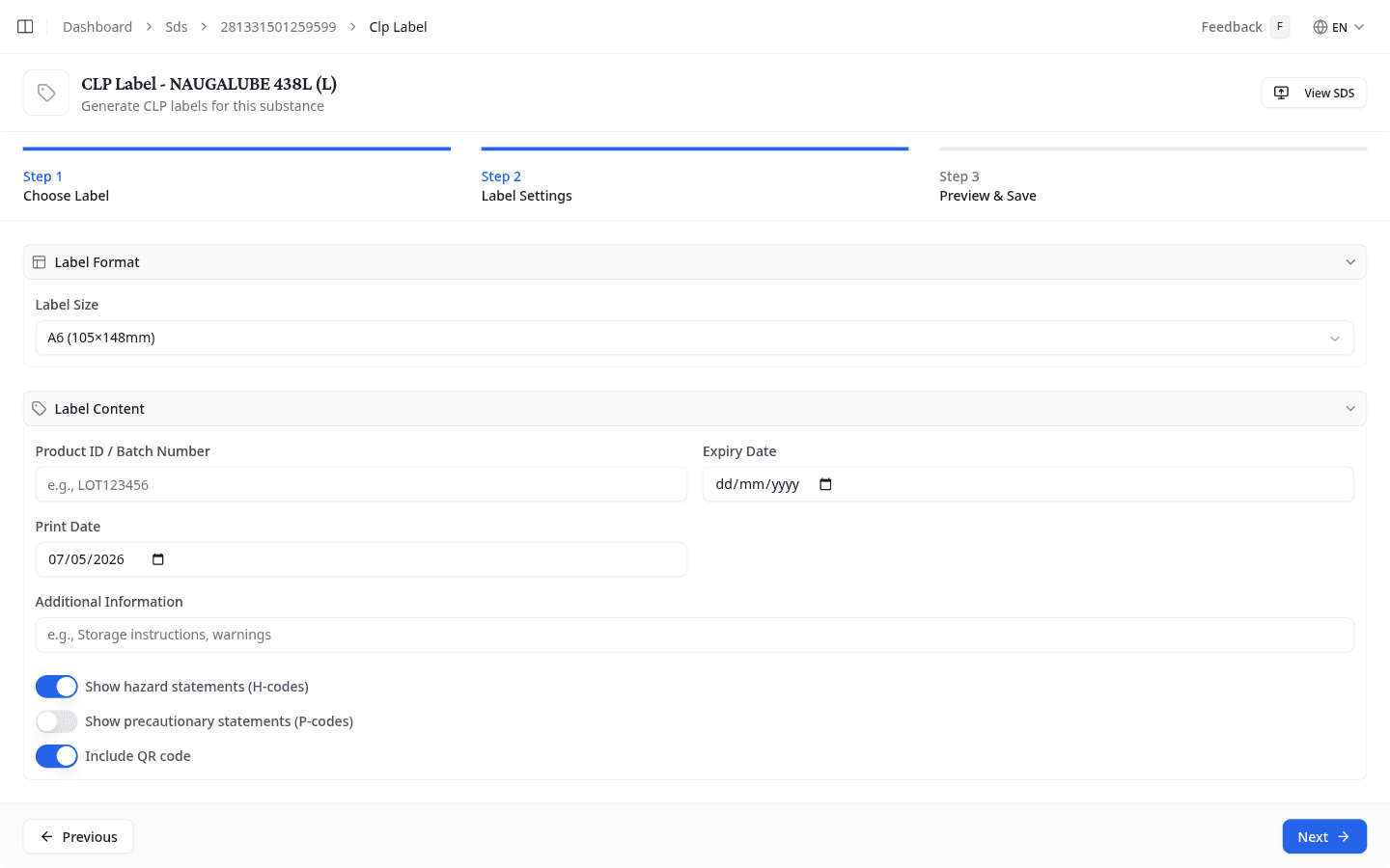CLP Label settings with format and content options