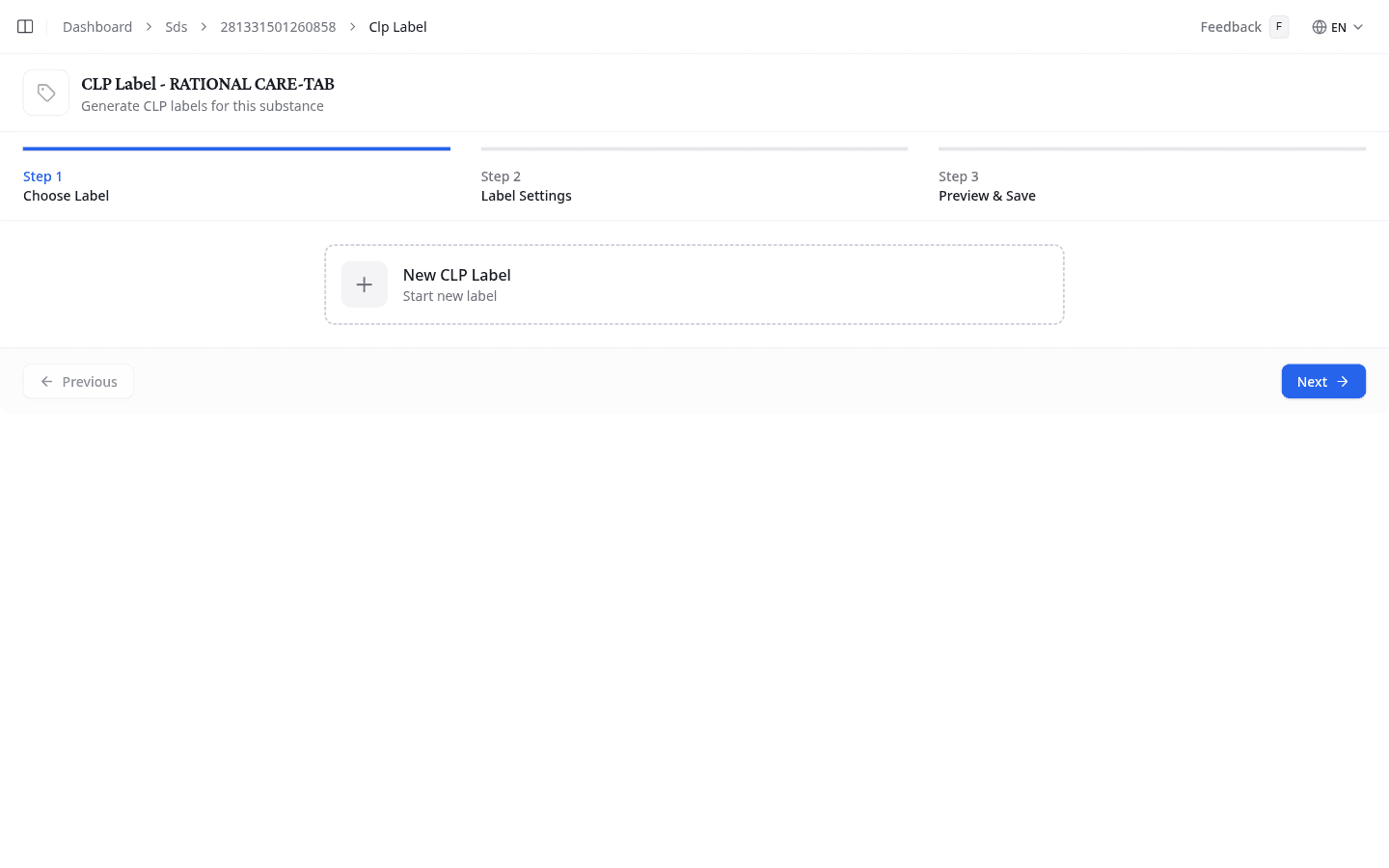 CLP Label wizard showing the Choose Label step