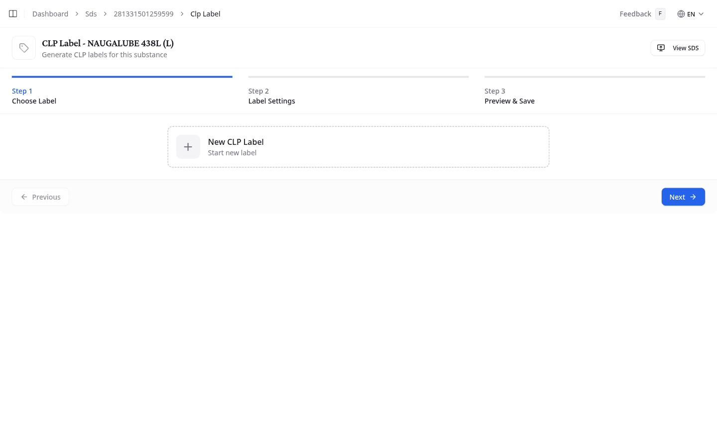 CLP Label wizard showing the Choose Label step