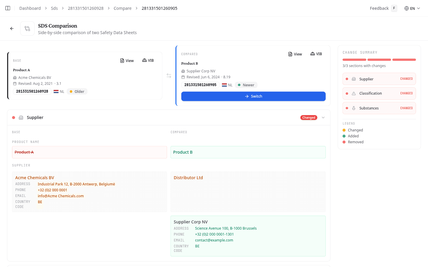 SDS comparison page showing two document cards and the change summary sidebar
