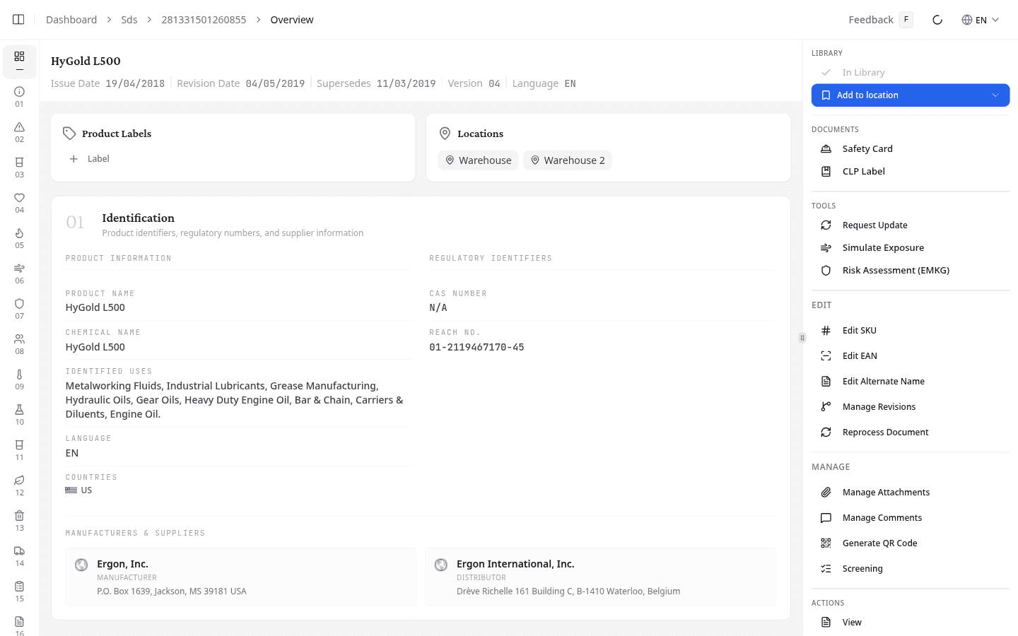 SDS detail view showing the Overview page for a product