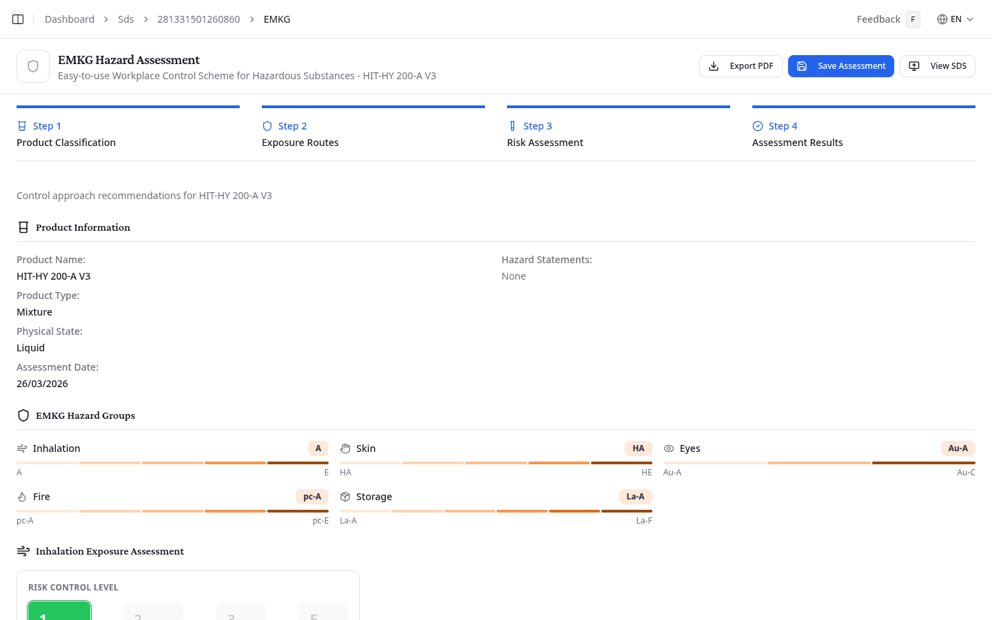 Assessment results showing hazard groups and control levels