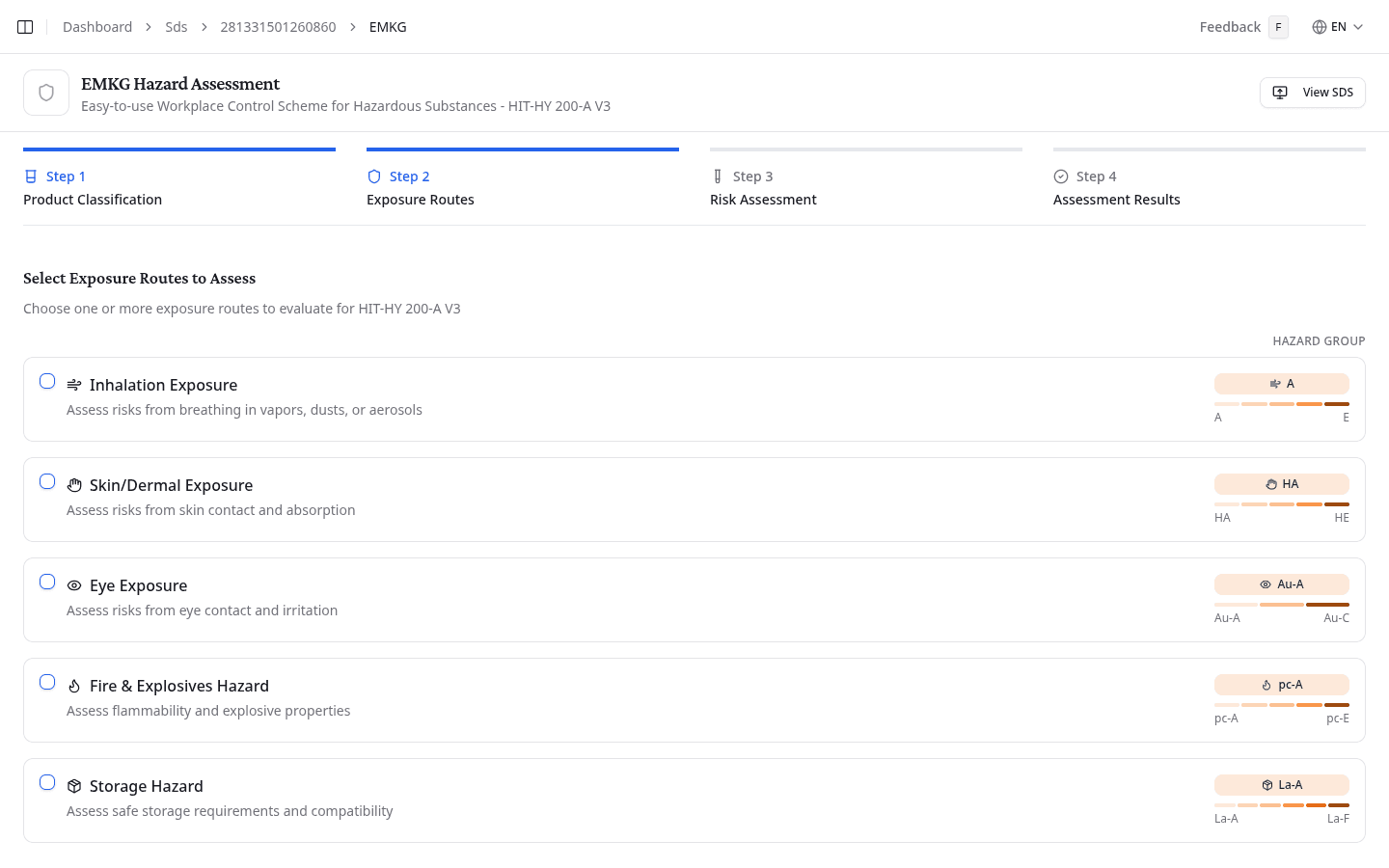 EMKG Step 2: selecting exposure routes with hazard group indicators