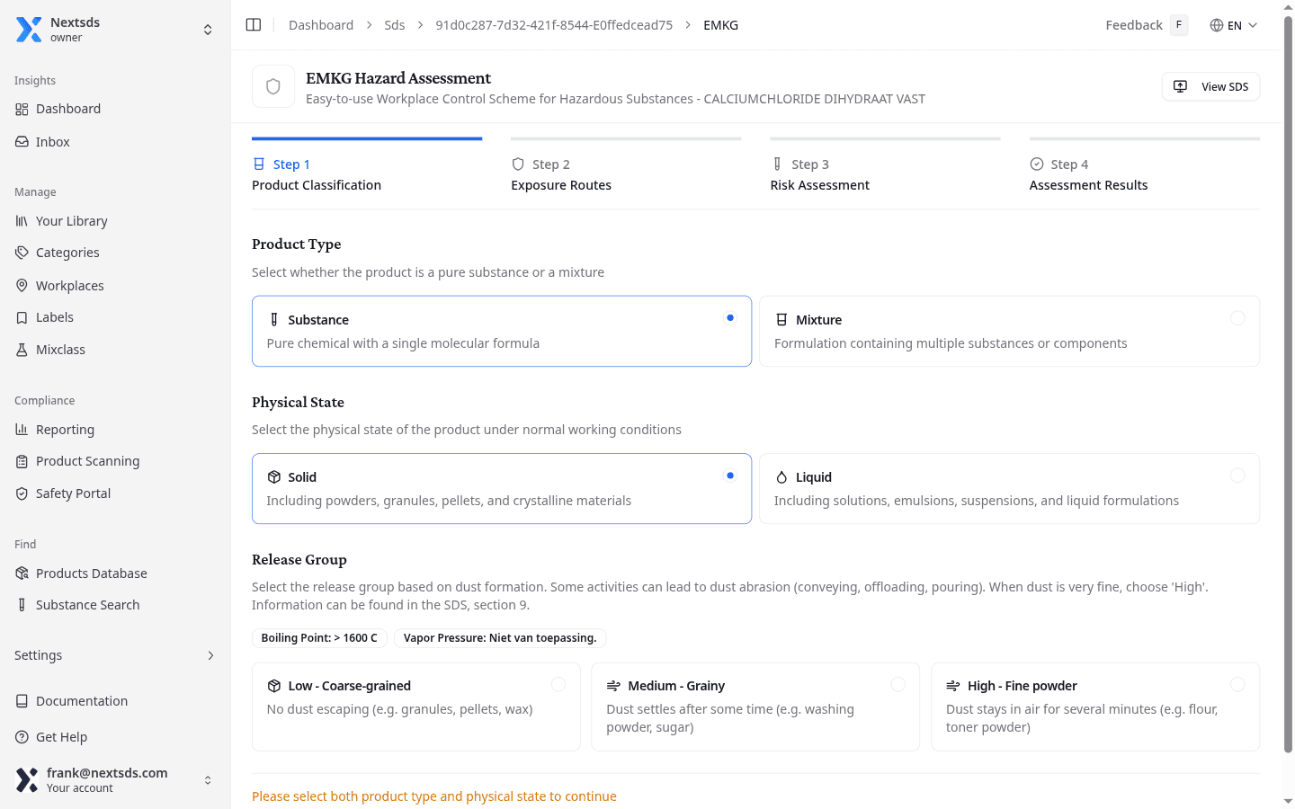 EMKG wizard showing Step 1: Product Classification