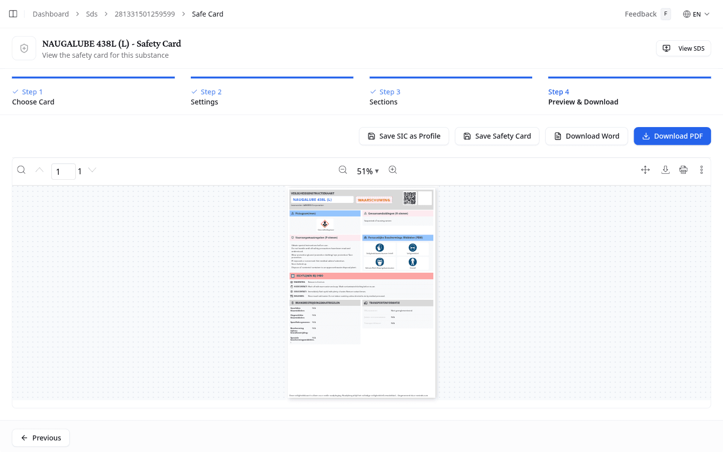Safety Card wizard: PDF preview with download options