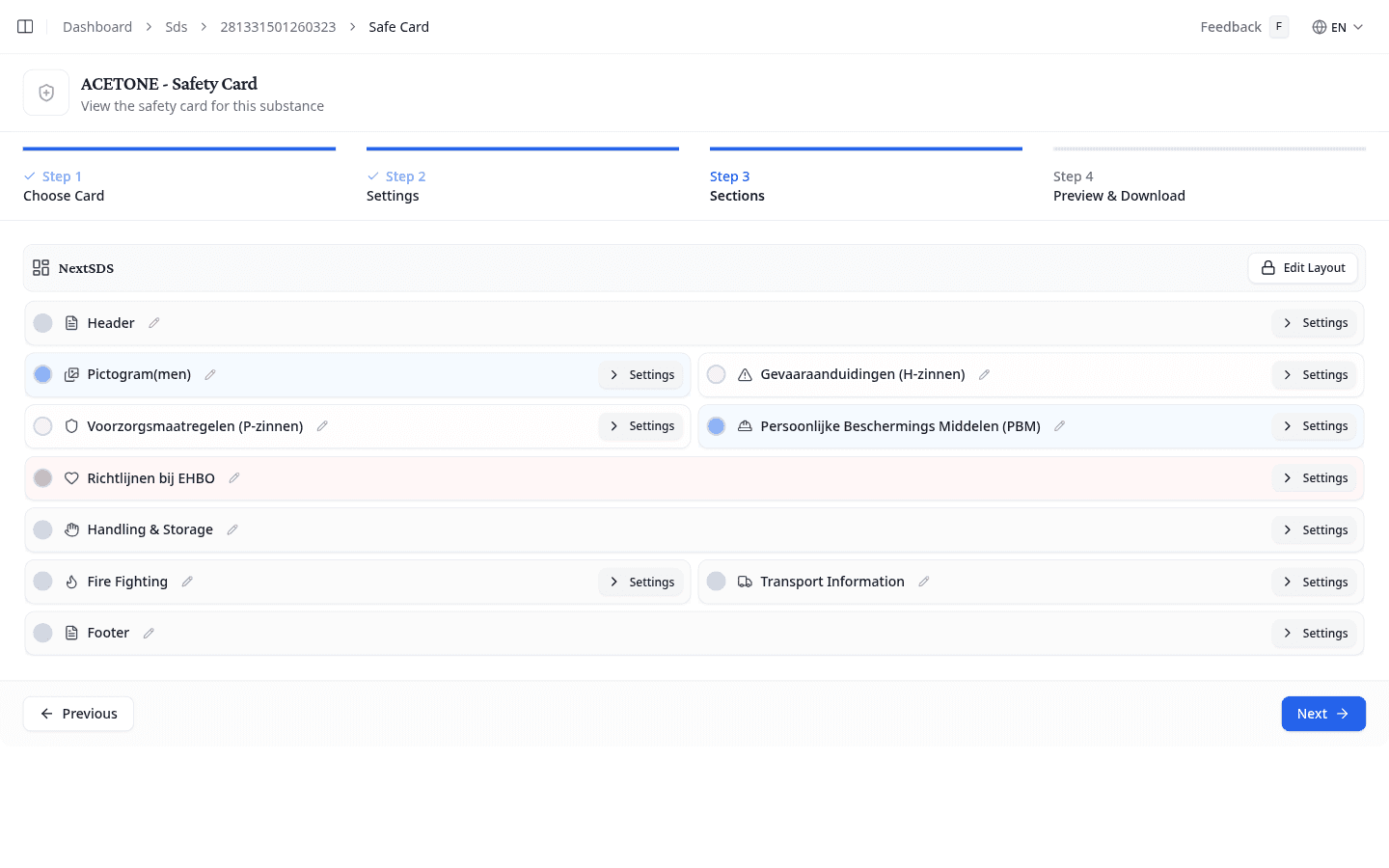 Safety Card wizard Step 3: section layout with settings controls