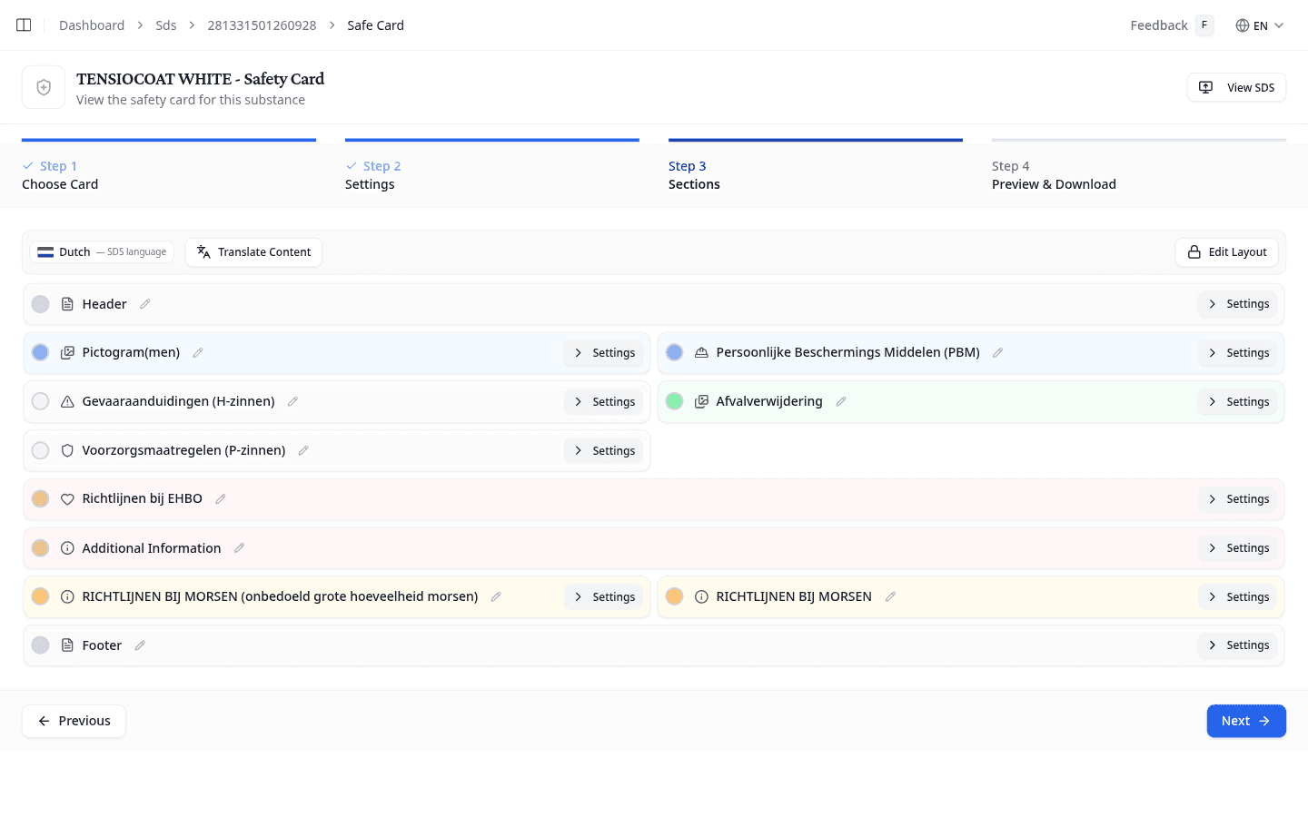 Safety Card wizard: section layout with SDS language badge and Translate Content button