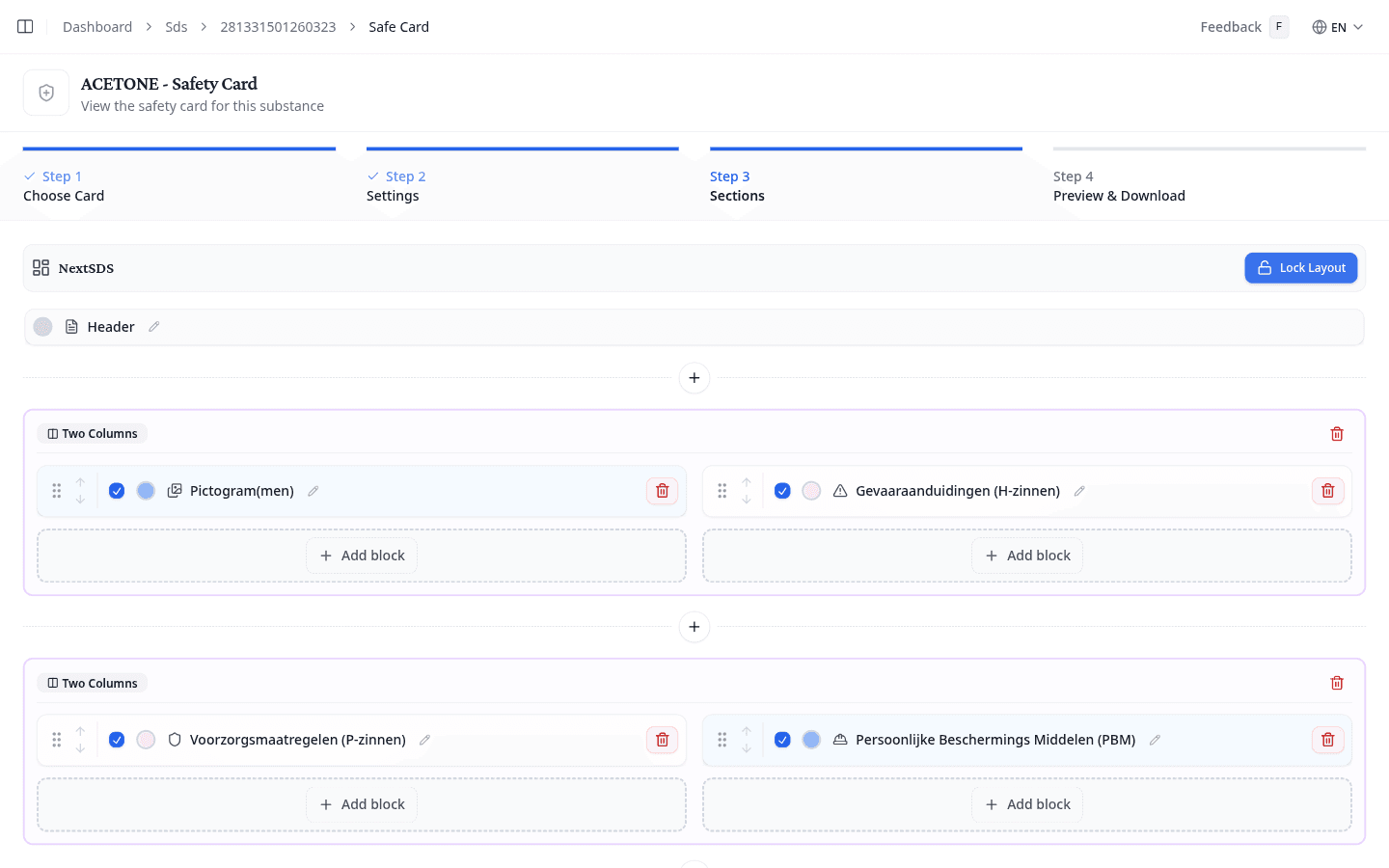 Safety Card wizard Step 3: edit layout mode with drag handles and row controls