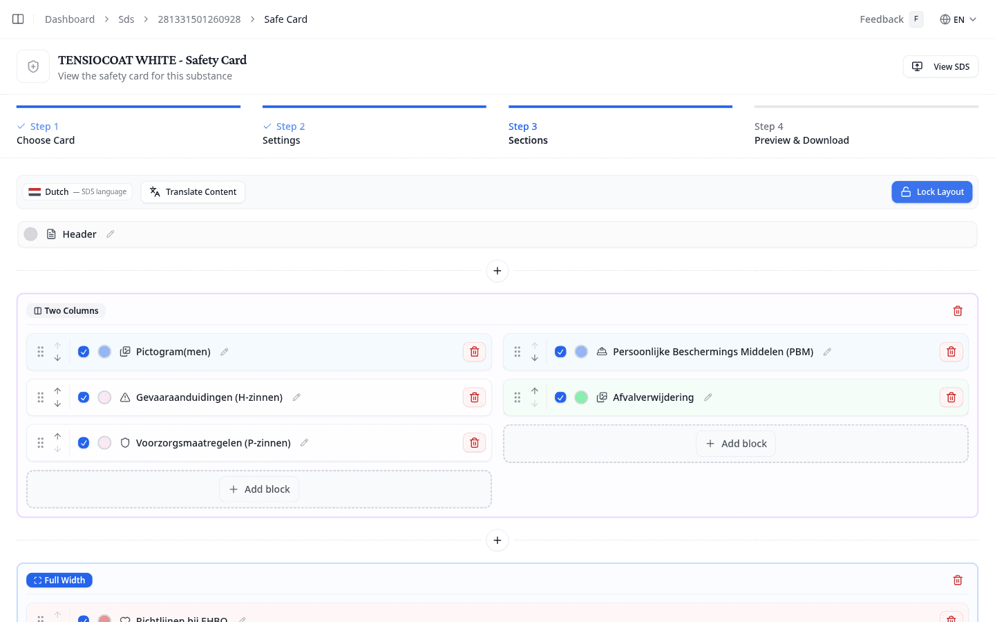 Safety Card wizard: edit layout mode with drag handles and row controls