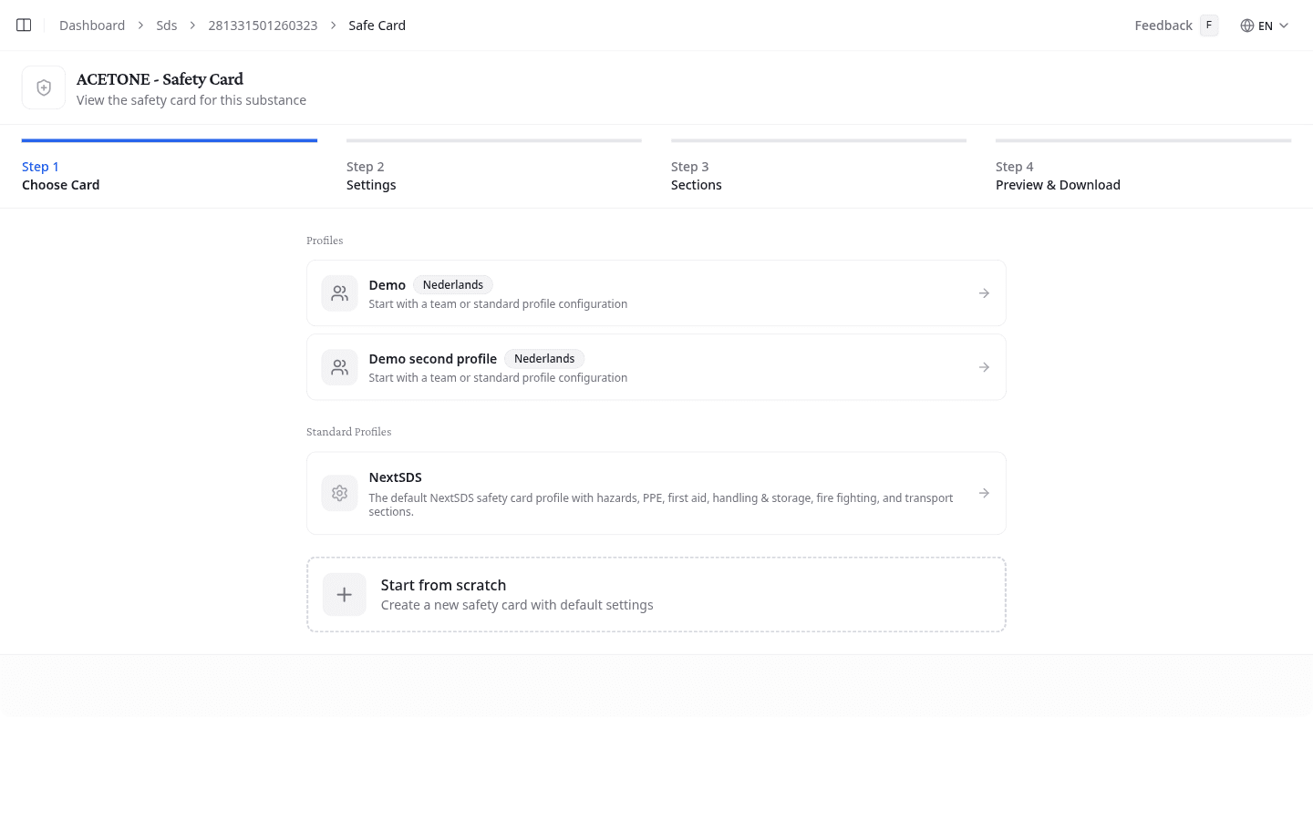 Safety Card wizard Step 1: choose a profile or start from scratch