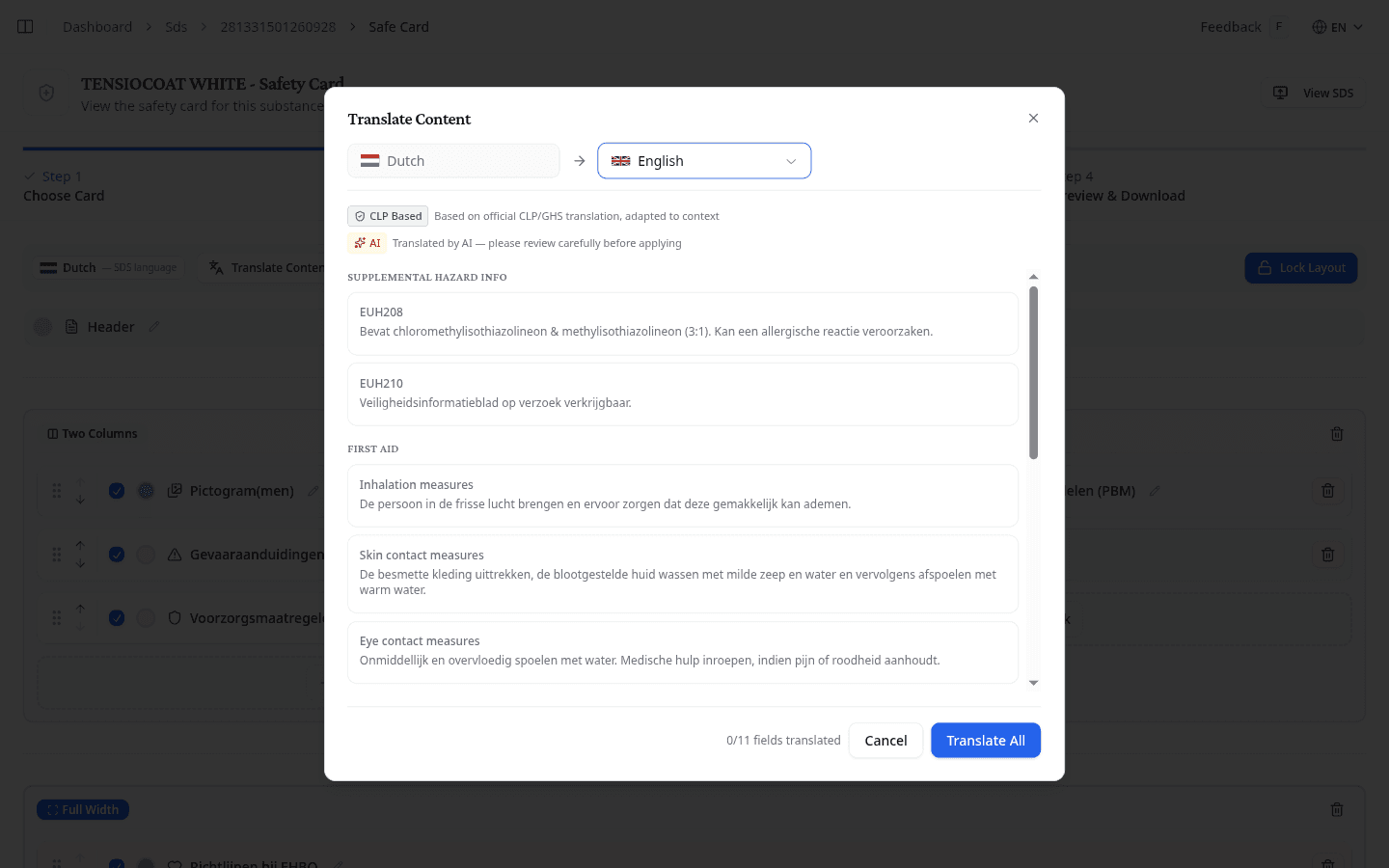 Translate Content modal with source language, target language selector, CLP Based and AI legend, and editable field list