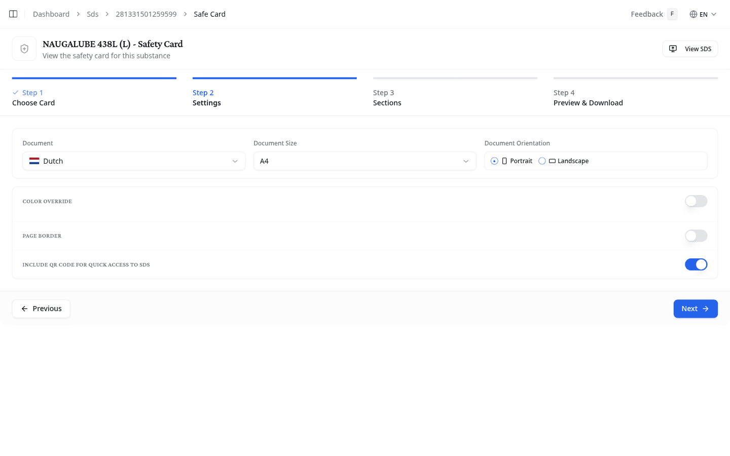 Safety Card wizard Step 2: language, page size, and layout options