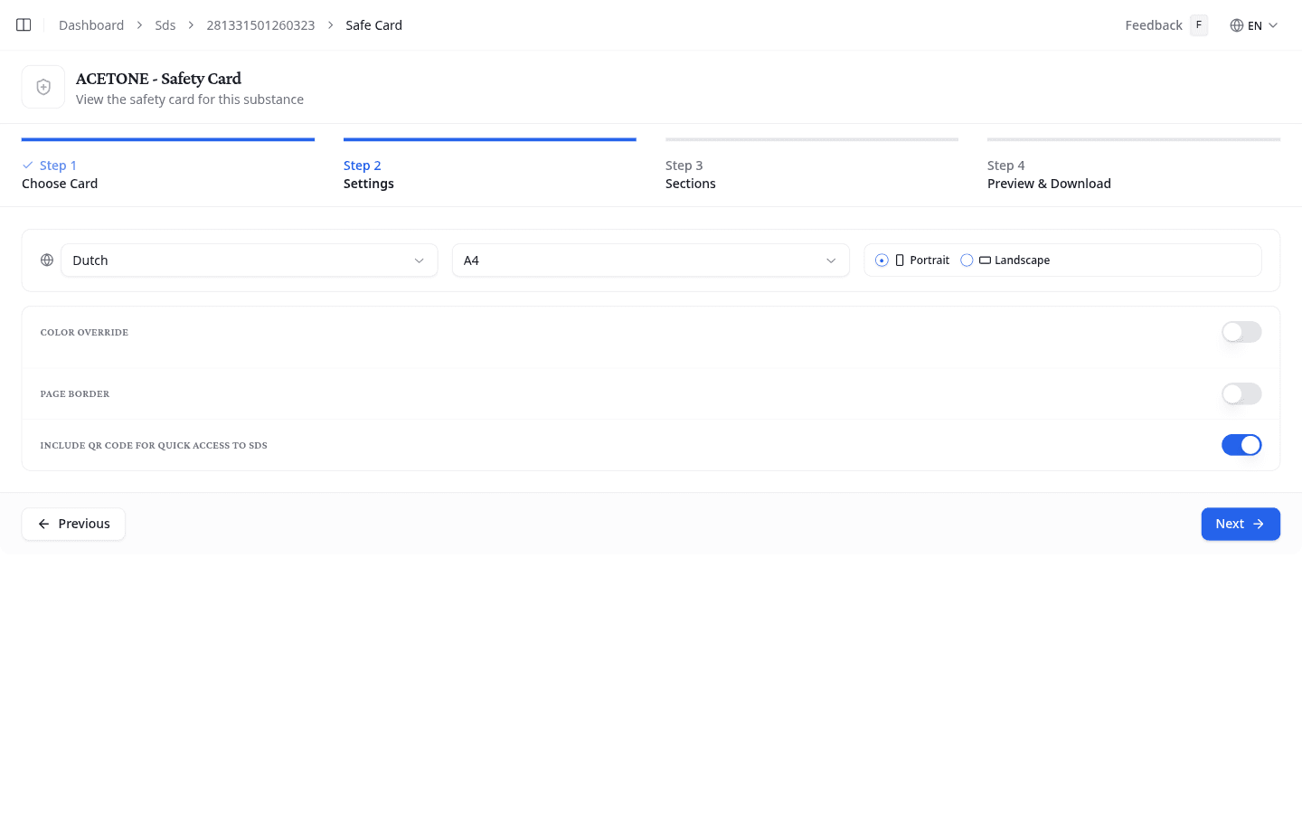 Safety Card wizard Step 2: language, page size, and layout options