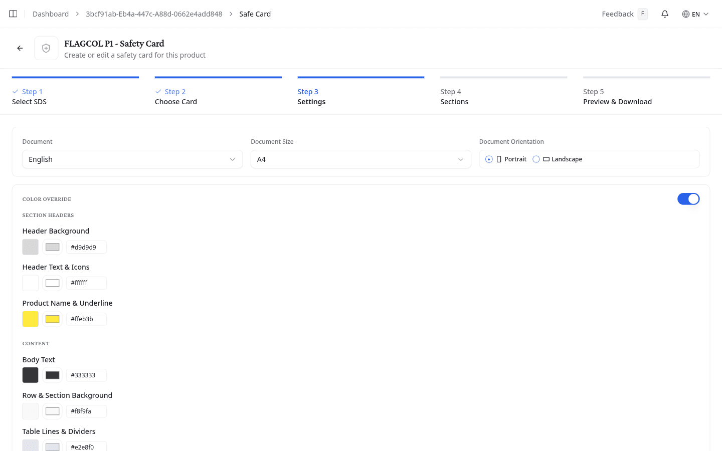 Safety Card wizard: document language, size, and layout options