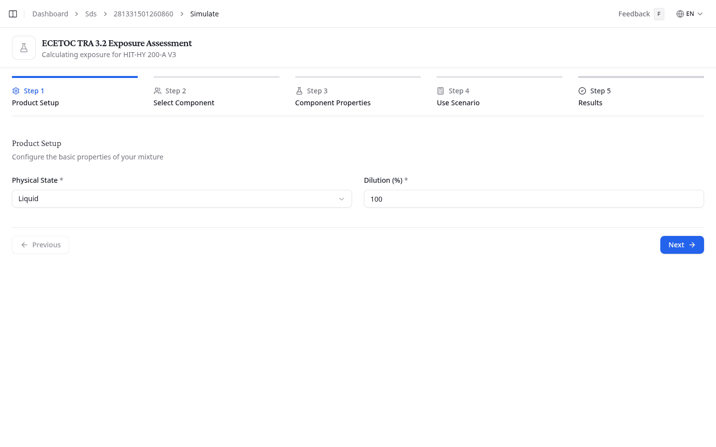 ECETOC TRA wizard showing Step 1: Product Setup