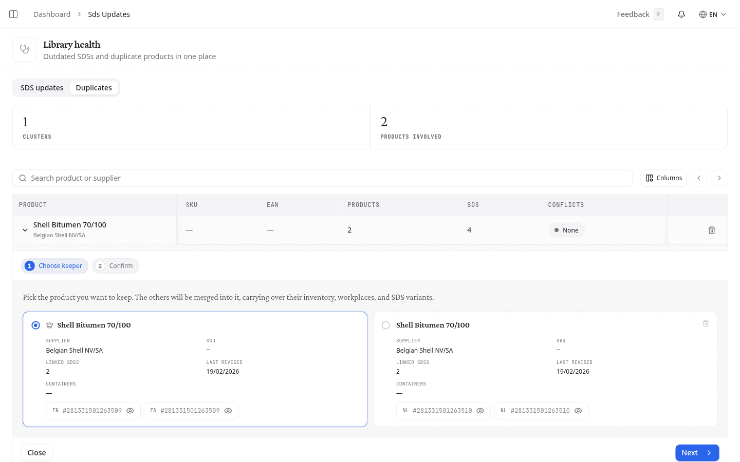 Choose keeper step showing two candidate products with the keeper selected