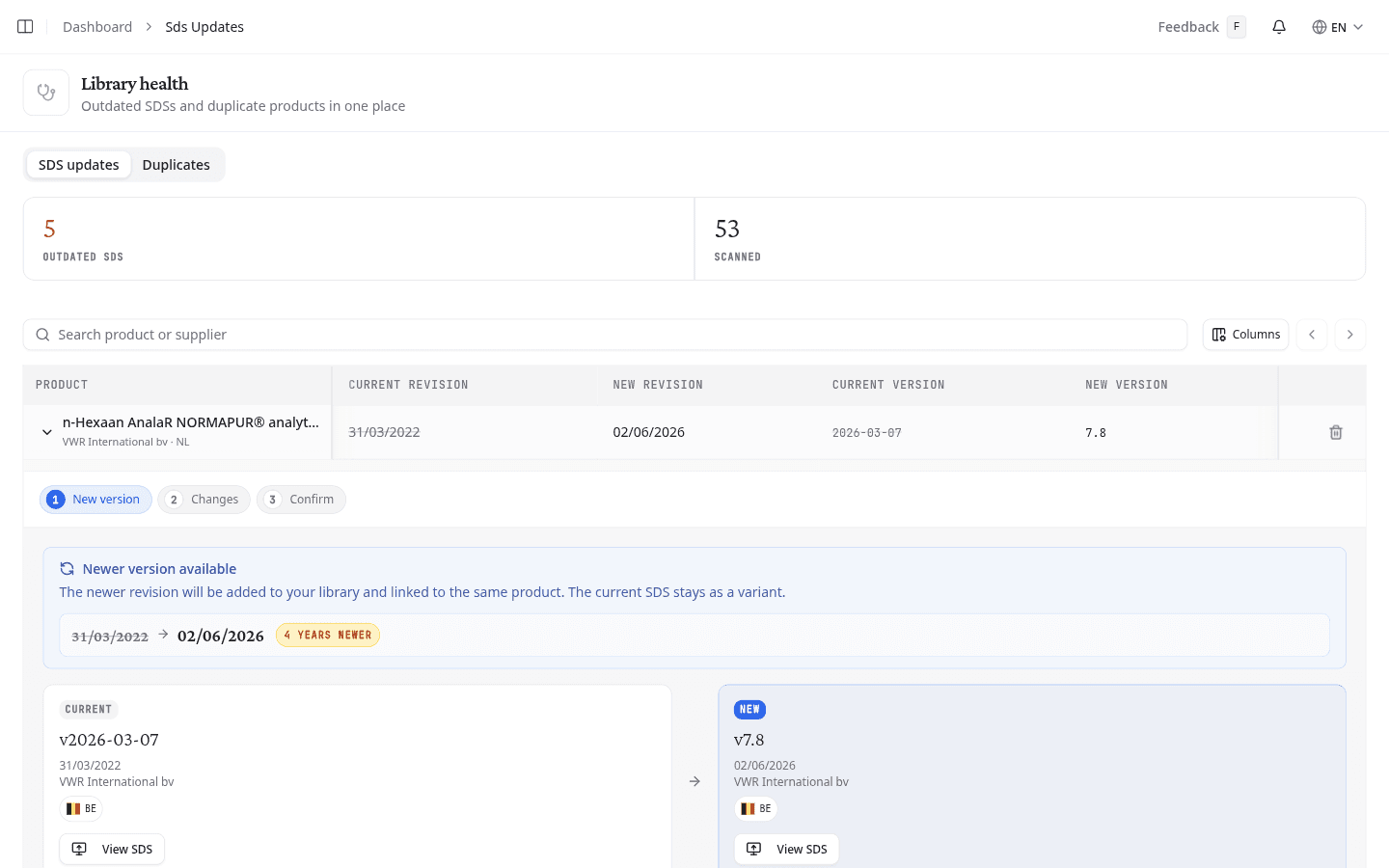 New version step of the SDS update wizard, showing the current and new revision dates