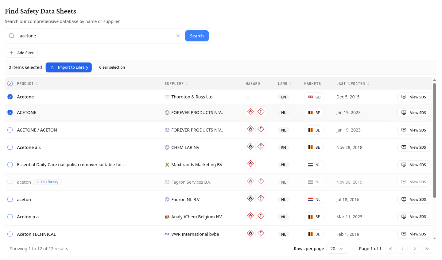 Search results with two sheets selected for import