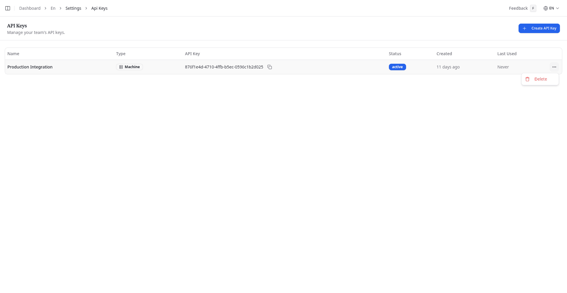 API Keys page with options menu open