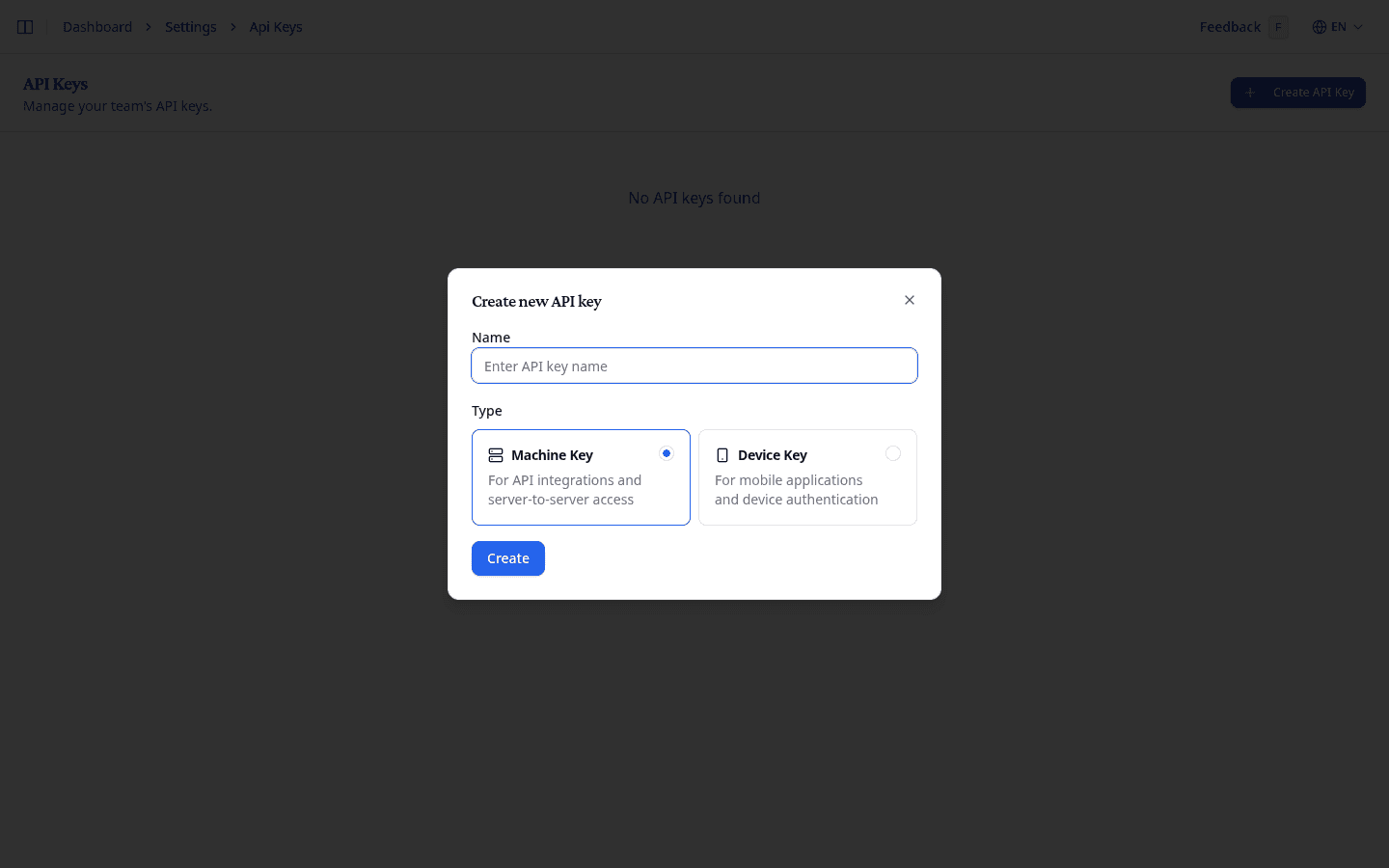 Create API key pop-up window
