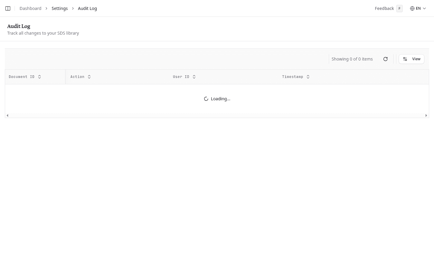 Audit log table showing recent changes to the SDS library