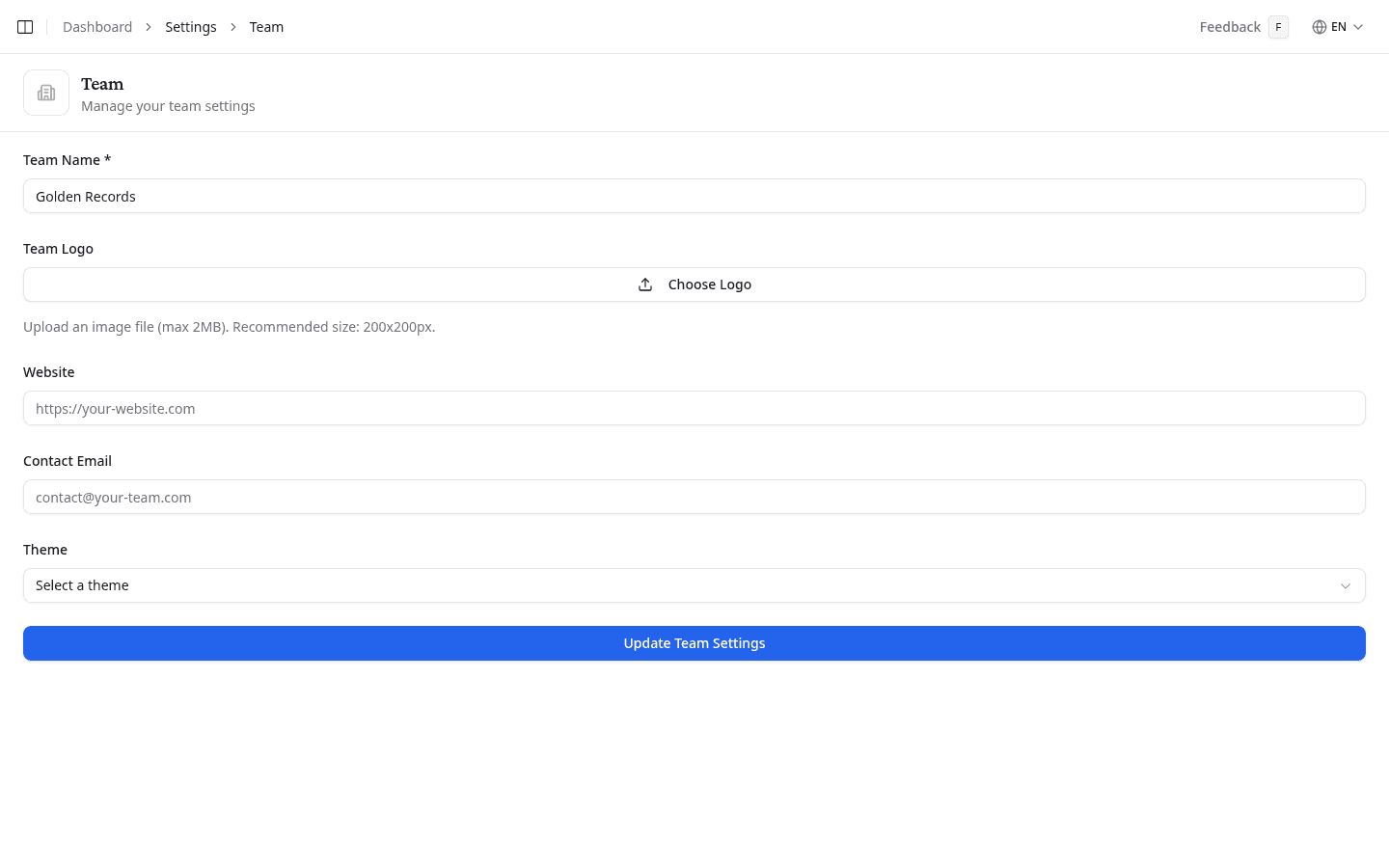 Team Settings page